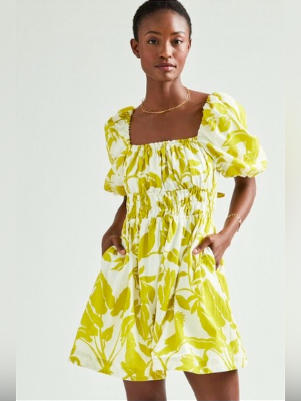 Maeve Anthropologie Tropical Puff Sleeve Mini Dress Open Back Size M